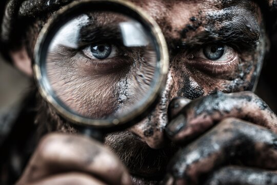 Dirty mechanic or investigator closely examining a detail with a magnifying glass, showing intense focus on problem solving - Powered by Adobe