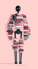 Humanoid figure conceptualizing artificial intelligence and learning, built from a stack of books, showing education and modern technology