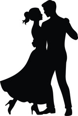Silhouette of a couple dancing ballroom dance isolated on white background