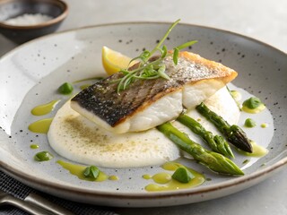 Grilled fish fillet on a bed of white sauce with asparagus and lemon, a gourmet dining experience