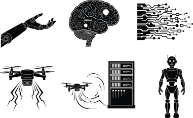 Artificial intelligence vector icons, robotics and brain circuit, drone signal, server rack, digital processing, futuristic tech illustration set