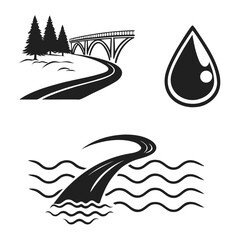 River landscape with bridge, road, and water drop