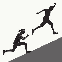 Fitness silhouettes of people running uphill