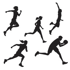Silhouette of people running, jumping, and playing