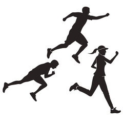 Three runners in silhouette are running fast