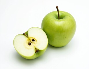 Green apple with a cut half on white backdrop. Fresh fruit isolated on plain background. Healthy food concept. Ideal photo for nutrition blog. Smith apple in studio.