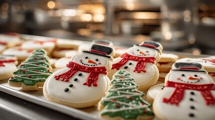 Obraz premium Snowman and christmas tree sugar cookies with colorful icing and sprinkles, embodying holiday baking tradition and cheerful winter celebrations in a cozy kitchen setting