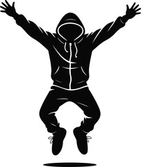 Silhouette of a person in a hoodie jumping in the air isolated on white background