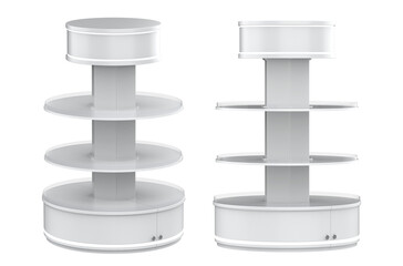 Store Shelves. Empty white retail display shelves supermarket gondola mockup. White supermarket shelving display or bookstore racks.  © POSMGUYS