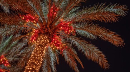 Palm tree adorned with warm red and orange christmas lights illuminating its trunk and fronds, creating a festive holiday atmosphere unique to tropical and warm weather destinations