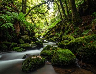 Serene stream flows through a lush, green forest with mossy rocks