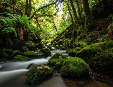 Serene stream flows through a lush, green forest with mossy rocks