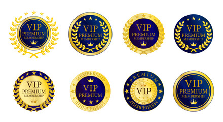 紺色と金のVIPプレミアム会員バッジセット｜重厚なゴールド装飾の高級感あるラベルデザイン（ベクター）