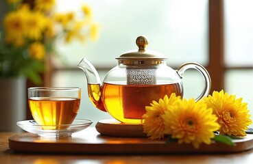 Still life image showing glass teapot cup saucer and yellow chrysanthemums on wooden tray. Teacup filled with warm tea near a flower bouquet. Breakfast or relaxation concept.