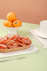 Fresh Loquat Fruits and Dried Fruit Slices on Pastel Background Food Styling Photography