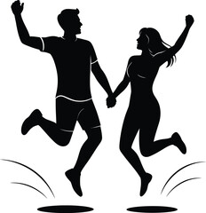 Happy couple jumping in the air silhouette isolated on white background