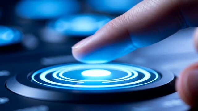 Close-up of a finger pressing a glowing button on a control panel