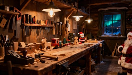 Santas workshop filled with wooden toys and tools, with a view of the aurora borealis outside