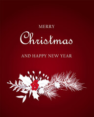 1585_Christmas greeting card with Christmas decoration with pine branches, pinecones, and festive greenery against red background