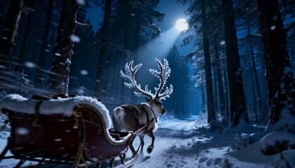 Magical reindeer pulling santas sleigh through a snowy forest at night under the moonlight