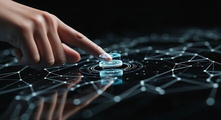 Finger Ignites Luminous Blue Nexus on a Reflective Digital Network Interface.