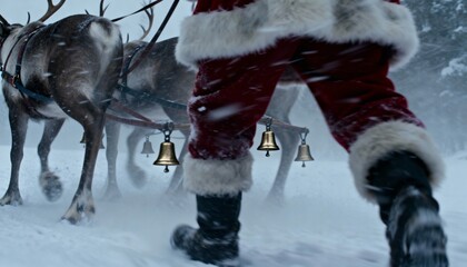 Santa claus walking with reindeer in a snowy forest during winter