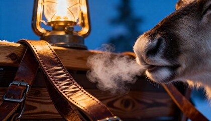 Close up of a reindeers breath steaming in the cold air next to a lantern