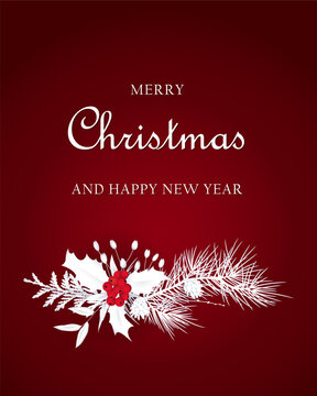 1585_Christmas greeting card with Christmas decoration with pine branches, pinecones, and festive greenery against red background