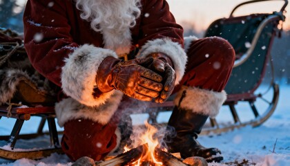 Santa claus sitting by a campfire in the snow with his sleigh in the background