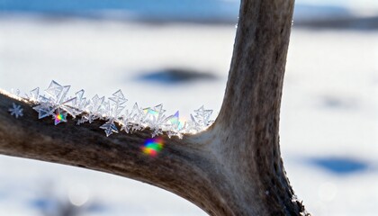 Close up of delicate snowflakes resting on a deer antler in a snowy landscape