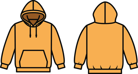 Technical Flat Fashion Drawing Vector Illustration Casual Pullover Hoodie Kangaroo Pocket Ribbed Cuffs Hem Drawstring Hood Design Template Apparel CAD Sketch