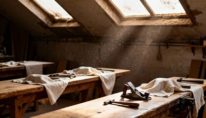 Dust motes dance in sunbeams illuminating a rustic woodworking workshop with tools on benches
