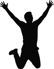 Silhouette of a man jumping with arms raised isolated on white background