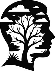 Human head silhouette with nature scene inside isolated on white background