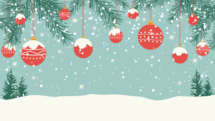 Christmas landscape with a snowy forest framed by pine branches, Christmas balls, and decorations. Vector illustration of a Christmas landscape for a holiday background.