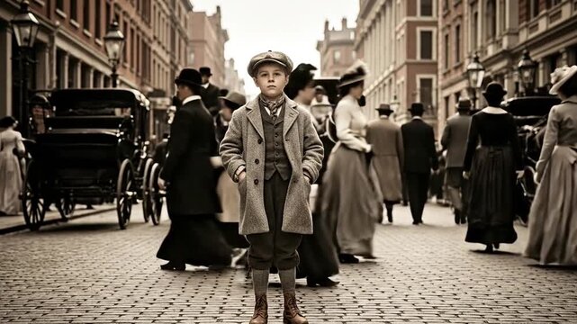 Vintage City Scene Young Boy Stands As Crowd Moves, Nostalgic 1900s Feel