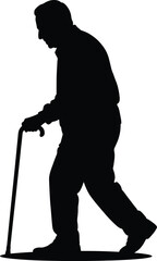 Silhouette of an elderly man walking with a cane isolated on white background