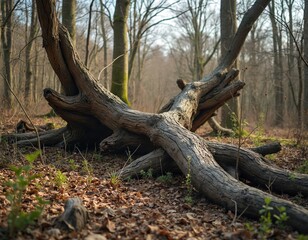 Obraz premium Fallen oak lies in forest among foliage. Old dry wood trunk covers leaves. Ground with brown dry foliage in woods. Forest landscape with dead tree log in timber during day.