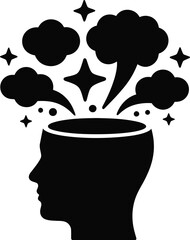 Silhouette of a head with creative ideas exploding isolated on white background