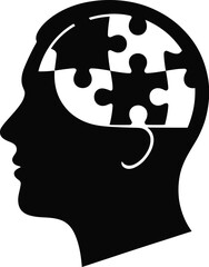 Silhouette of a human head with puzzle pieces inside isolated on white background
