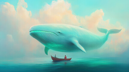 fantasy scene of man on boat looking at the jumping whale