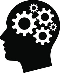 Silhouette of a human head with gears inside isolated on white background