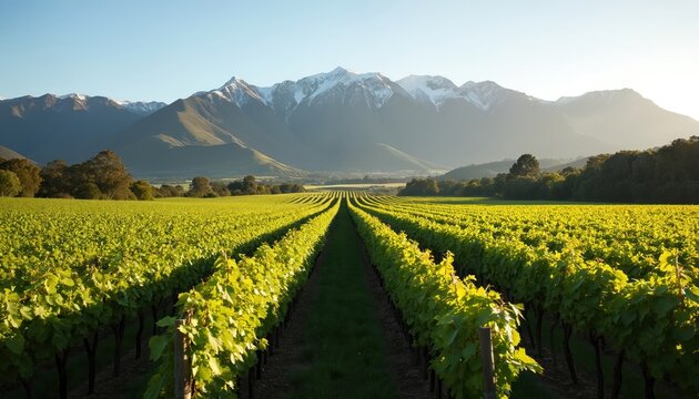 Green vineyard rows stretch towards snow capped mountains under clear sky. Agriculture farming in rural New Zealand wine region. Tranquil landscape photo of scenic nature.