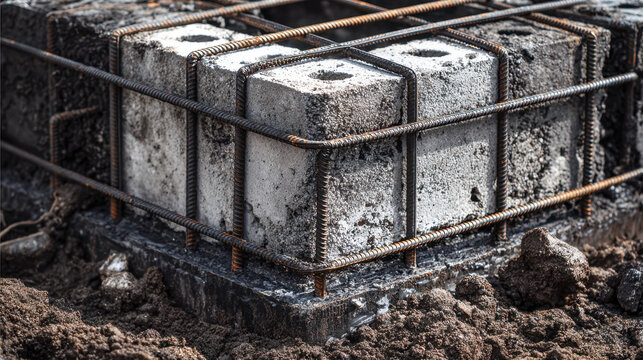 Concrete foundation blocks secured with rusted steel rebar framework embedded in soil for sturdy construction support at a building site under natural daylight