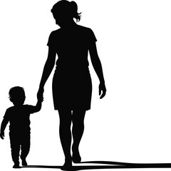 Mother and child walking hand in hand silhouette isolated on white background