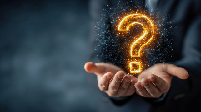 Businessman holding glowing question mark symbol surrounded by digital network connections representing uncertainty and inquiry in technology and decision making