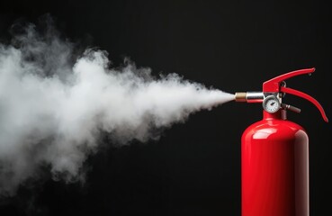 Obraz premium Red fire extinguisher actively sprays thick stream of white smoke. Safety device discharges contents, creating dense cloud against dark background. Essential equipment provides immediate fire