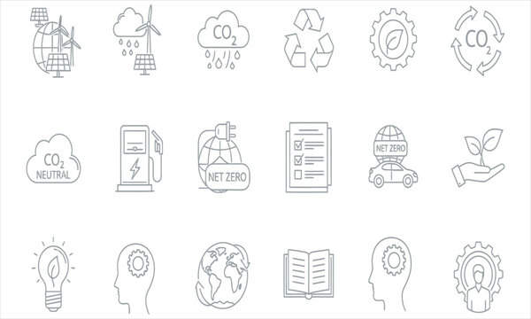 Sustainable Environmental Technology and Net Zero Icons for Eco-Friendly Initiatives and Green Energy Solutions