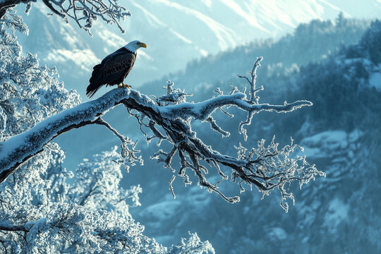 bald eagle perching on frozen tree branch, watching the winter landscape below - Powered by Adobe