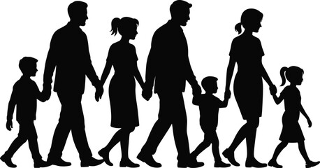 Silhouette of a family walking together isolated on white background